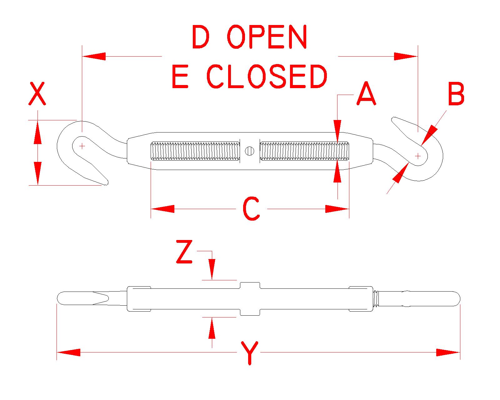 Stainless Steel Cast Hook and Hook Turnbuckle, S0154-HH05, S0154-HH07, S0154-HH08, S0154-HH10, S0154-HH13, S0154-HH16, S0154-HH20, Line Drawing